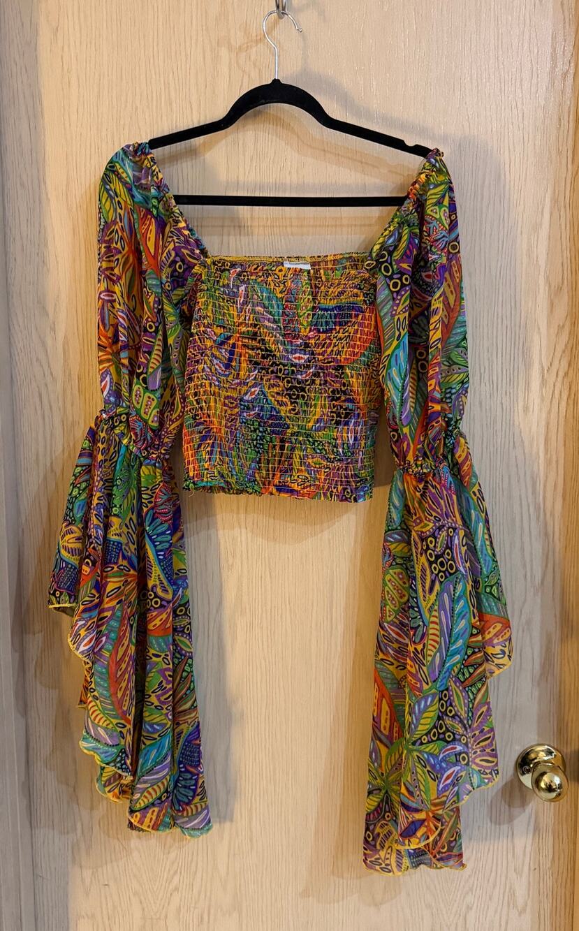 A New Day Psychedelic Print Smocked Crop Top Bell Sleeves Women’s Small